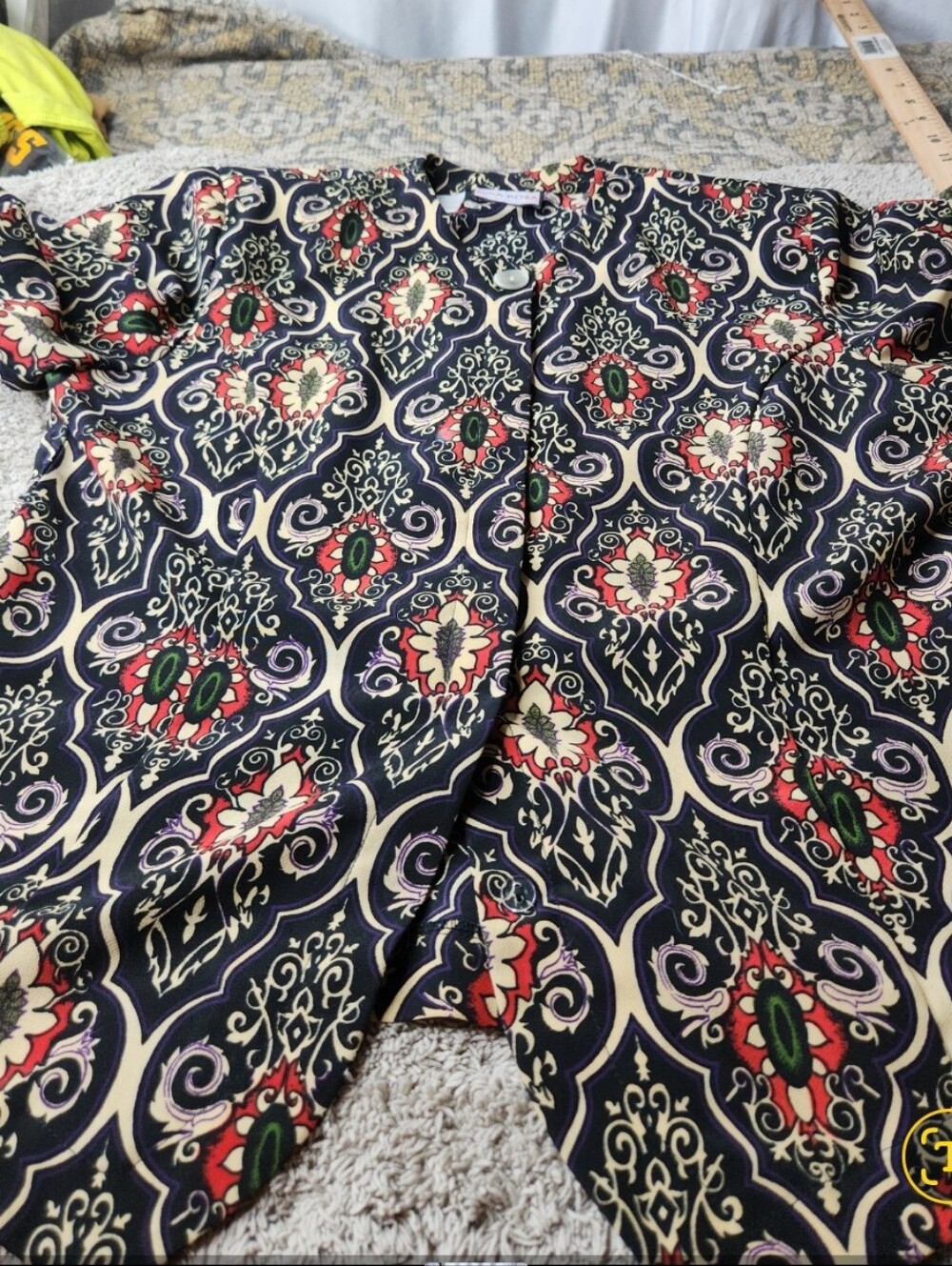 Women's Medallion Print Short Sleeve Button-Down Blouse - Bora Bora - Petite